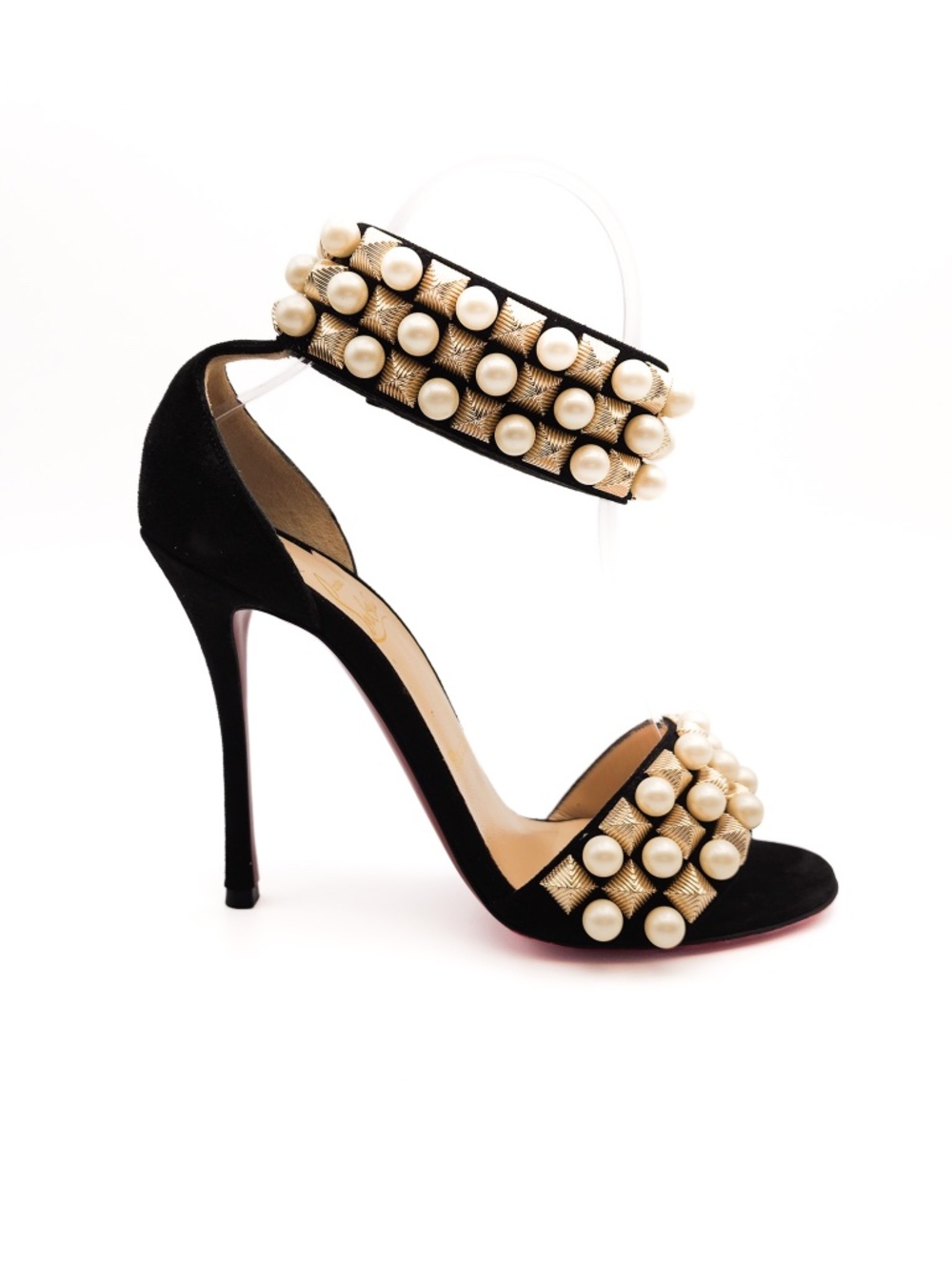 Christian Louboutin Pearl Studded Ankle Strap Suede Heels EU 37